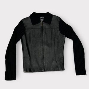 Vintage 1990s black knit zip-up collar sweater with leather paneling on front